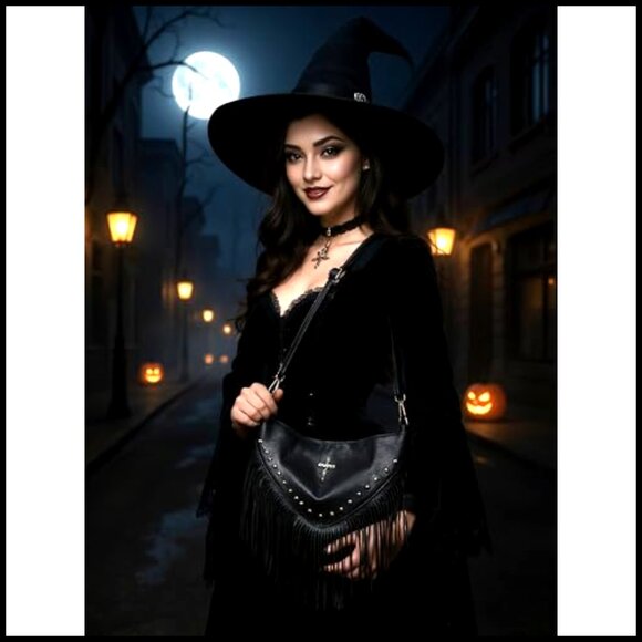 Goth Punk Crossbody Bag Studded Rivet Fringe PU Leather Shoulder Purse - Picture 3 of 7